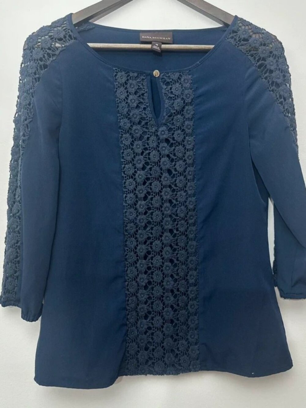 Dana Buchman Very Dark Navy Blouse Lace Accents XS